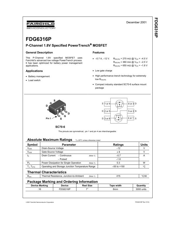 Fairchild FDG6316P P-Channel 1.8V Specified PowerTrench MOSFET Data Manual - Page 1