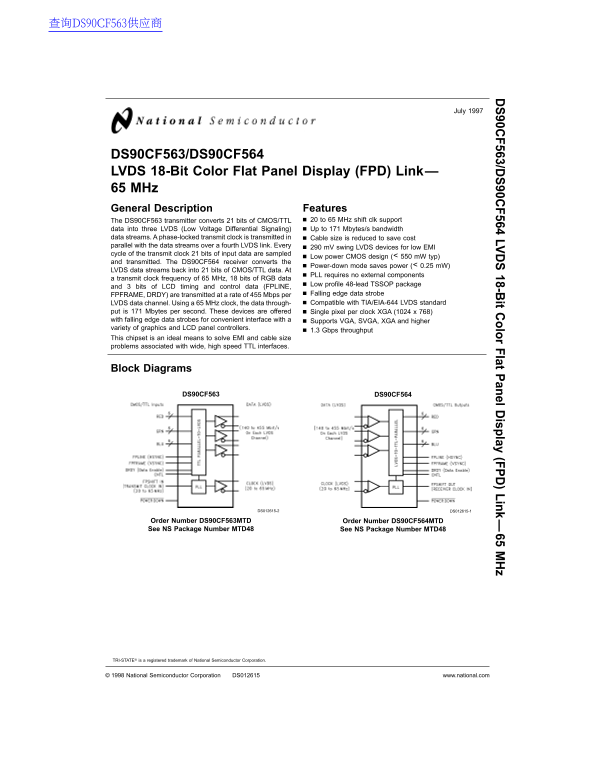 National Semiconductor DS90CF563 DS90CF564 LVDS 18-Bit Color Flat Panel Display (FPD) Link — 65 MHz - Page 1