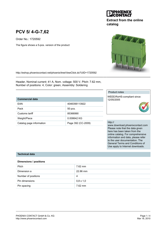 Phoenix Contact PCV 5 4-Port G-7,62 Order No. 1720592 Product Data Sheet Manual - Page 1