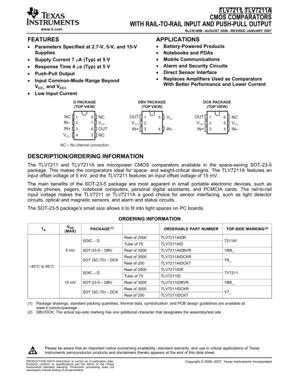 Texas Instruments TLV7211 TLV7211A Data Sheet - Page 1