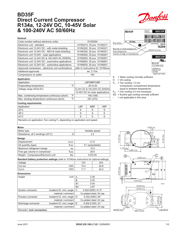 Danfoss BD35F (Inch Connectors) Direct Current Compressor R134a 12-24V DC & 100-240V AC 50 60Hz Datasheet - Page 1