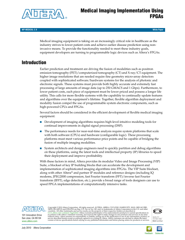 Intel White Paper on Implementing Medical Imaging Using FPGAs - Page 1