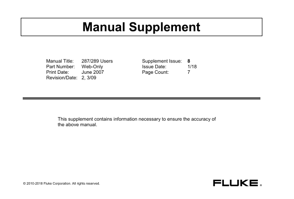 Fluke 289 True-RMS Industrial Logging Multimeter 287 289 User Manual Addendum - Page 1