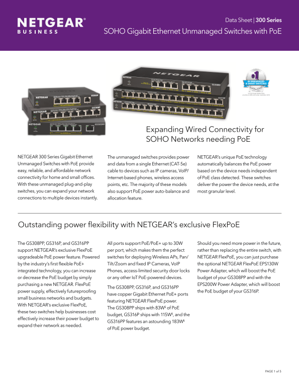 Netgear GS305P - 5 Port Gigabit Ethernet Unmanaged Switch With 4-Port PoE Product Data Sheet - Page 1