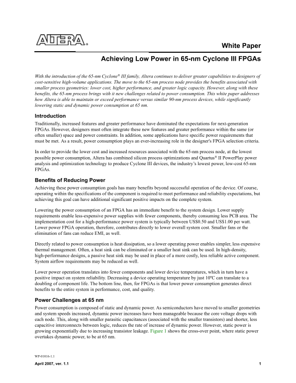 Intel White Paper 65nm Low Power Cyclone® III FPGAs - Page 1