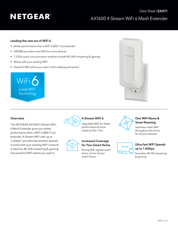 Netgear EAX11 — AX1600 4-Stream WiFi 6 Mesh Extender Product Data Sheet - Page 1