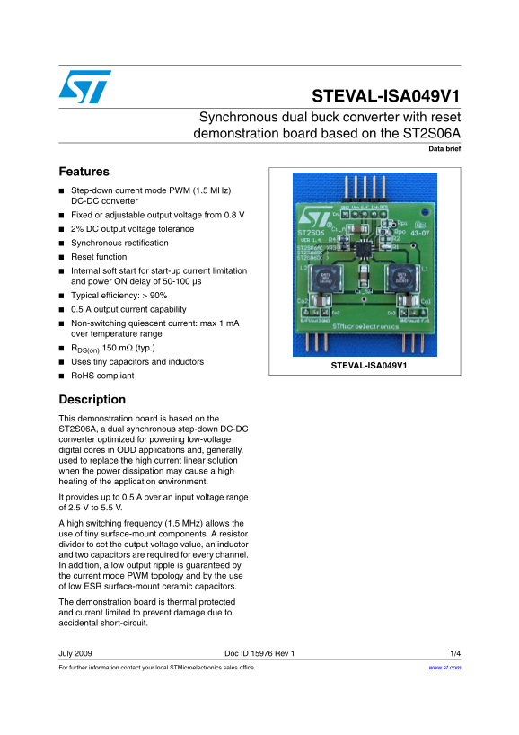 ST STEVAL-ISA049V1 Synchronous Dual Buck Converter with Reset Demonstration Board Based on the ST2S06A User Manual and Data Sheet - Page 1