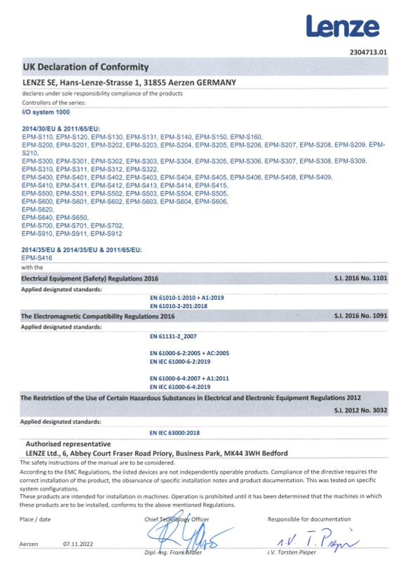 Lenze Controls-IO Systems IO System 1000 EPM-S110 Bus Coupler CANopen Certification and Declaration UKCA IO System 1000_EPM-S - Page 1