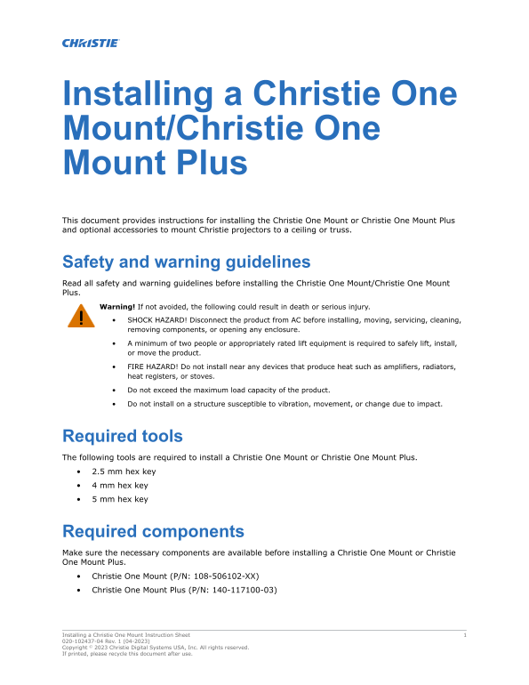 Christie One Mount Plus Manual - Page 1