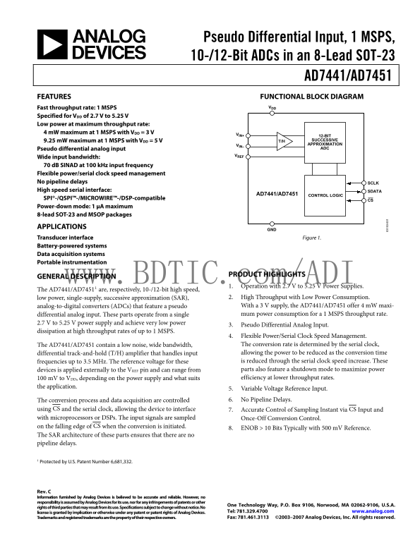 AD7451 Analog Devices Data Handbook/Manual - Page 1