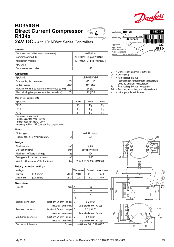 Danfoss BD350GH Direct Current Compressor R134a 24V DC - With 101N08xx Series Controllers Data Sheet - Page 1