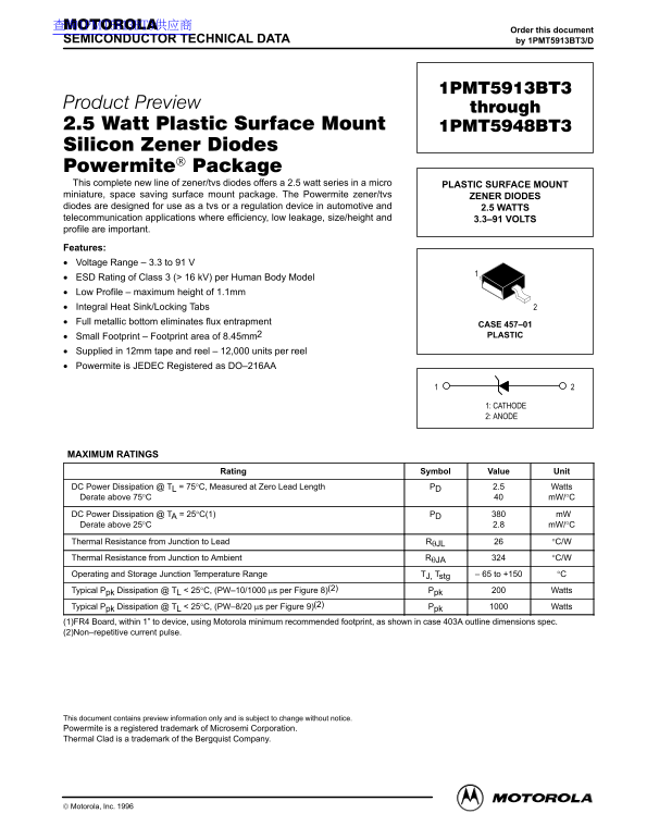 MOTOROLA 1PMT5913BT3 THROUGH 1PMT5948BT3 Data Sheet - Page 1