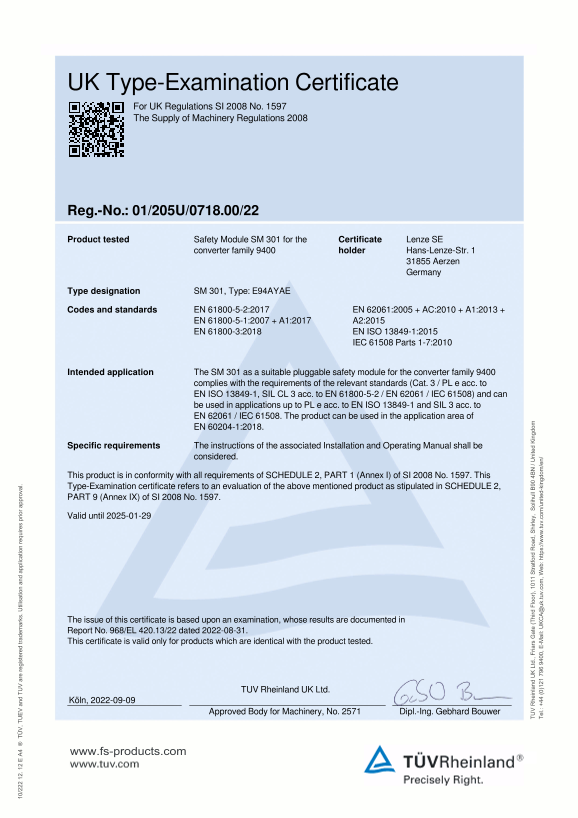 Lenze Inverters-Servo Inverters 9400 HighLine Servo Inverters Certificate Safety Engineering UK Type-Examination 9400_Safety Module SM301_E94AYAE - Page 1