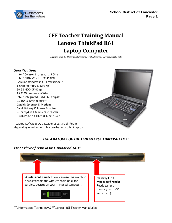 Lenovo ThinkPad R61 CFF Teacher Training Manual - Page 1