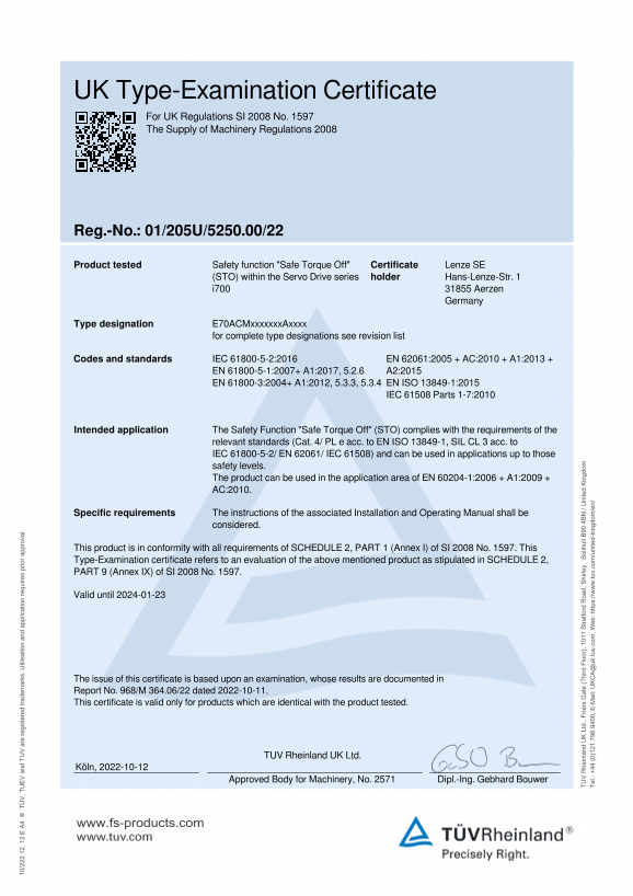 Lenze Inverters-Servo Inverters I700 Servo Inverters I700 Axis Module E70ACM Certificate Safety Engineering UK Type-Examination I700_E70ACMxAx - Page 1