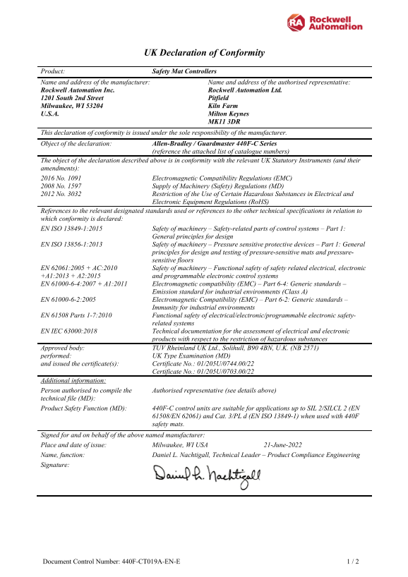 Rockwell Automation 440F Series Safety Mat Controllers - UKCA Doc - Page 1