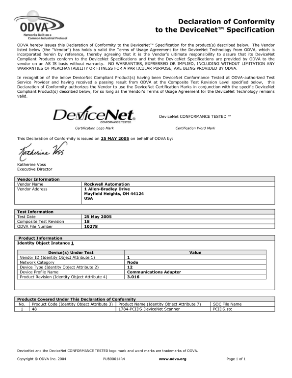 Rockwell Automation PCI Scanner Card - ODVA Certificate User's Manual and Technical Specifications - Page 1