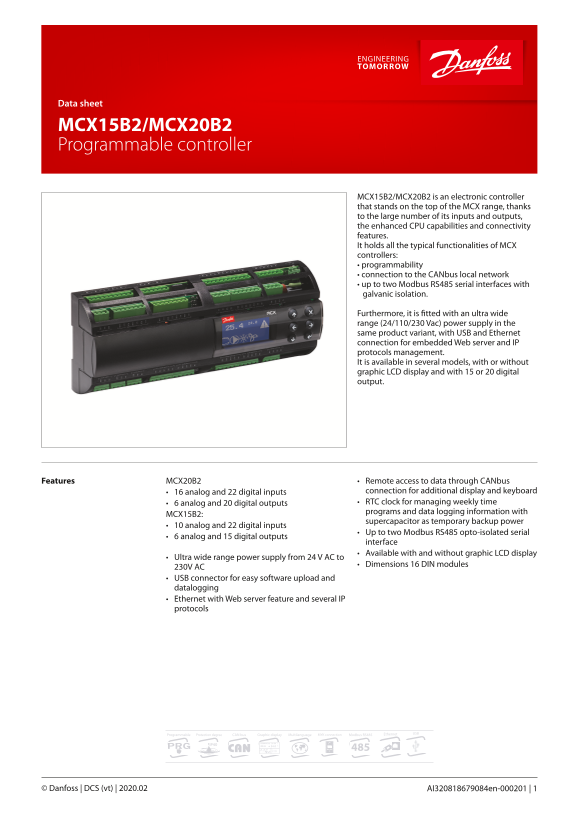 Danfoss MCX15B2 - MCX20B2 Programmable Controller Data Sheet - Page 1