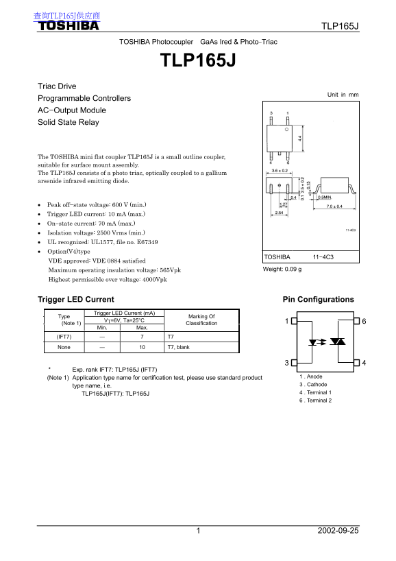 Toshiba TLP165J Data Handbook - Page 1