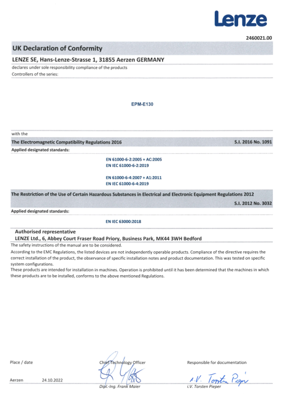 Lenze Safety-Components Safety Controllers Safety Controller c250-S Certification and Declaration UKCA IO-Module_EPM-E130 (Language EN) - Page 1