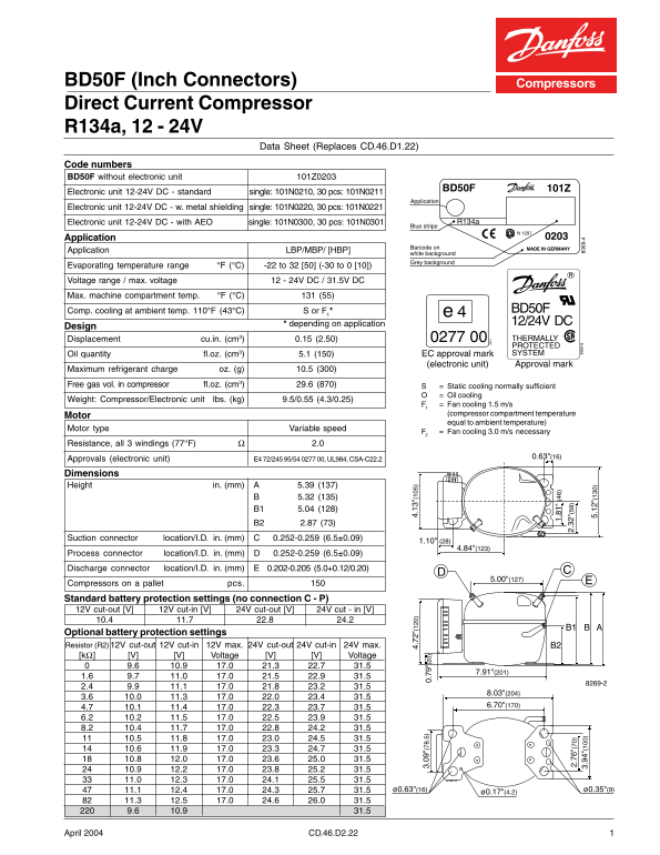 Danfoss BD50F Direct Current Compressor 12-24V DC - Inch Connectors Datasheet - Page 1