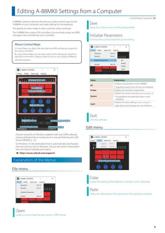 Roland A-88MKII MIDI Keyboard Controller Settings Editing Guide from a Computer - Page 1
