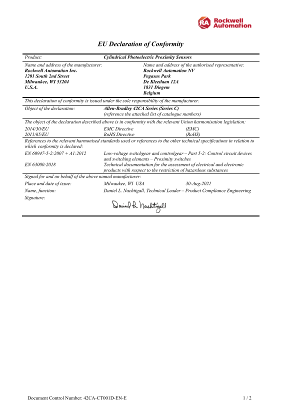 Rockwell Automation 42CA Series (Ser. C) Cylindrical Photoelectric Sensors - CE DoC - Page 1