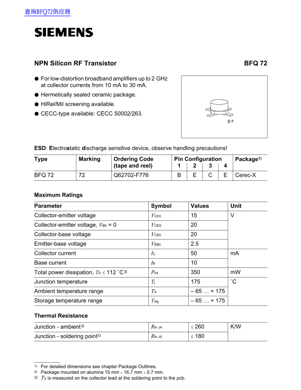 Siemens BFQ 72 Data Sheet - Page 1