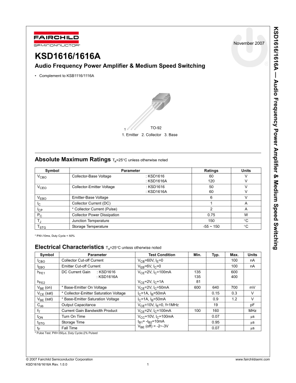 Fairchild KSD1616 1616A NPN Epitaxial Silicon Transistor User Manual - Page 1