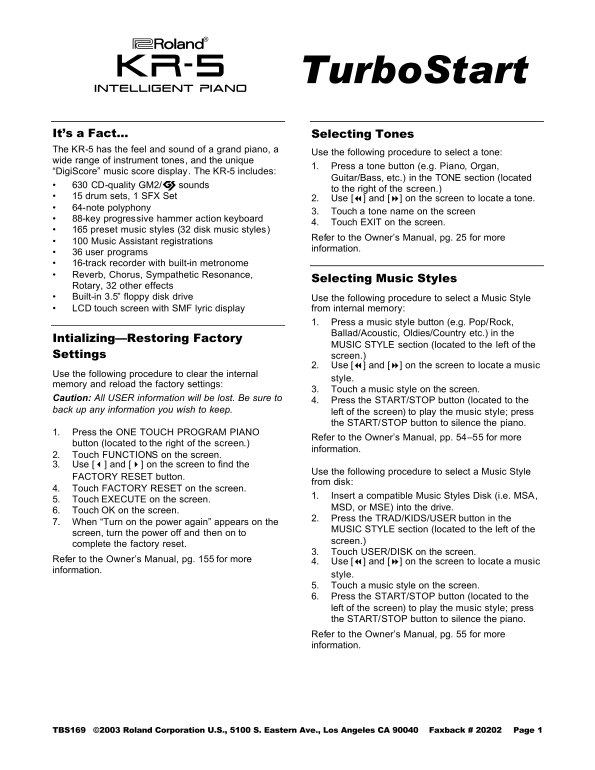 Roland Roland KR-5 Intelligent Digital Piano User Manual - Page 1