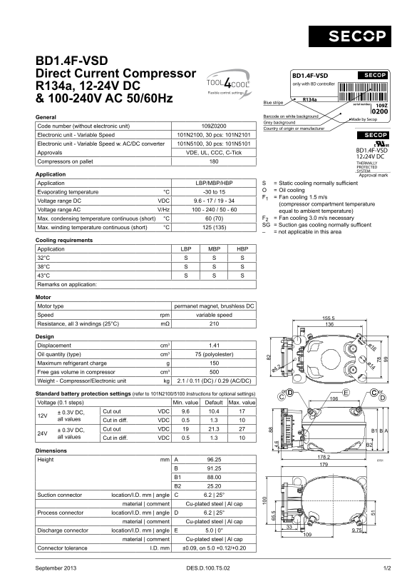Danfoss BD1.4F-VSD Direct Current Compressor R134a, 12-24V DC & 100-240V AC 50 60Hz Datasheet - Page 1