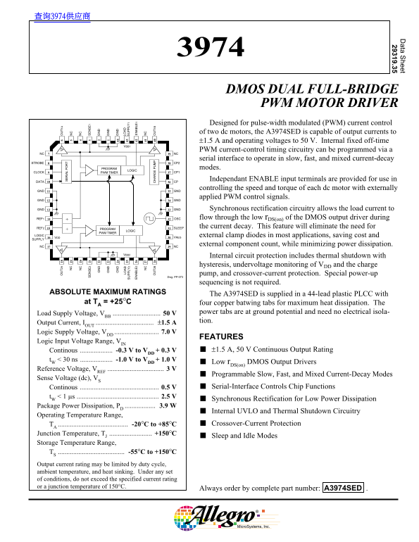 Allegro 3974 DMOS Dual Full-Bridge PWM Motor Driver Data Manual - Page 1