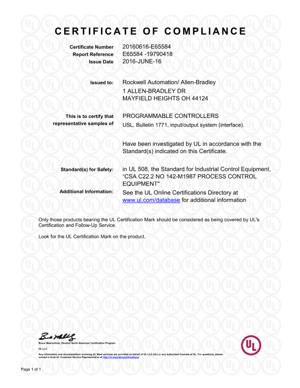 Rockwell Automation 1771 Interface I/O System - UL CoC - Page 1
