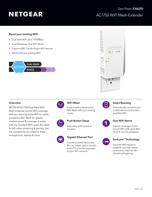 Netgear EX6250 - AC1750 Dual Band WiFi Mesh Extender Product Data Sheet - Page 1