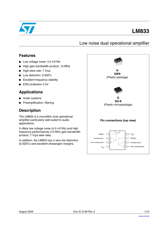 ST LM833 Low Noise Dual Operational Amplifier Data Sheet - Page 1