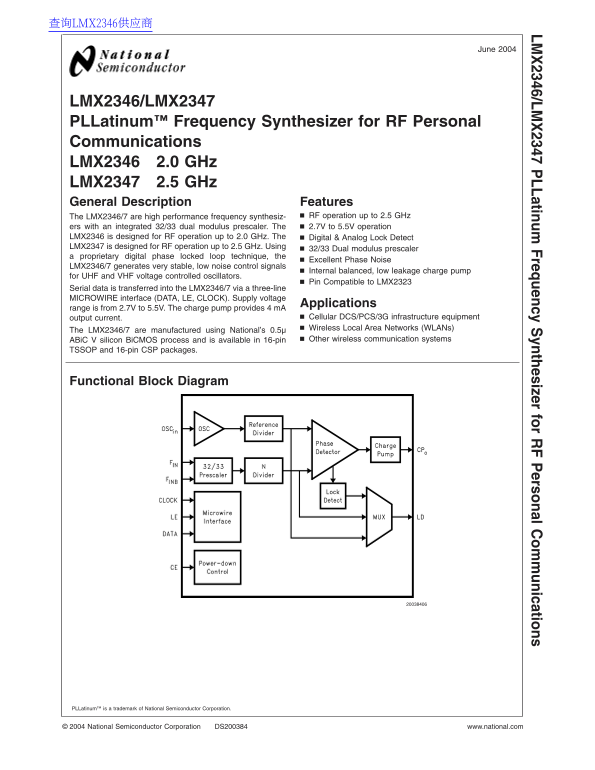 National LMX2346 LMX2347 Data Sheet User Guide - Page 1