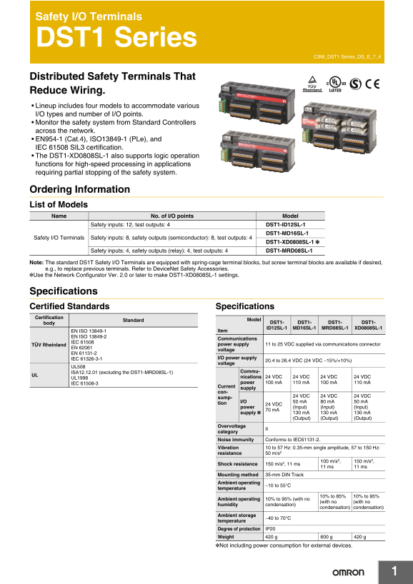 OMRON Safety I O Terminal DST1 Series Data Sheet - Page 1