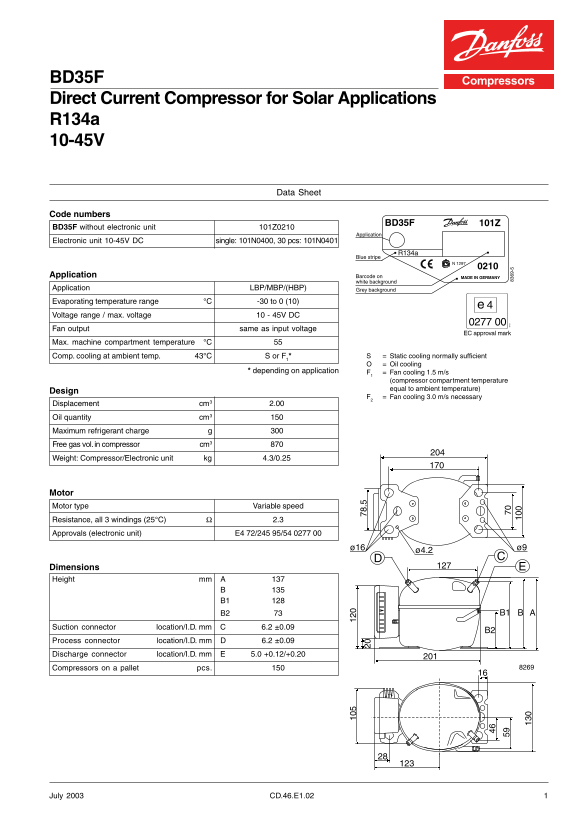 Danfoss BD35F Direct Current Compressor for Solar Applications 10-45V DC Datasheet - Page 1