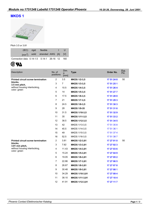 Phoenix Contact Module no 1751248 LabelId 1751248 Operator Phoenix User Manual Data Sheet - Page 1