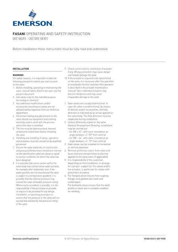 EMERSON Gate Valves, Fasani-EN Manuals - Page 1