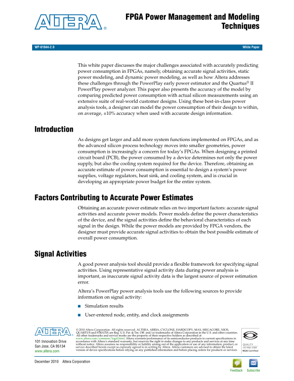 Intel White Paper on FPGA Power Management and Modeling Techniques - Page 1