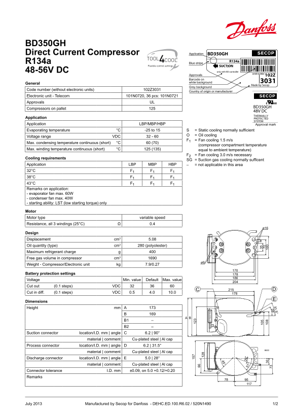 Danfoss BD350GH Direct Current Compressor R134a 48V DC - With 101N07xx Series Controllers Datasheet - Page 1