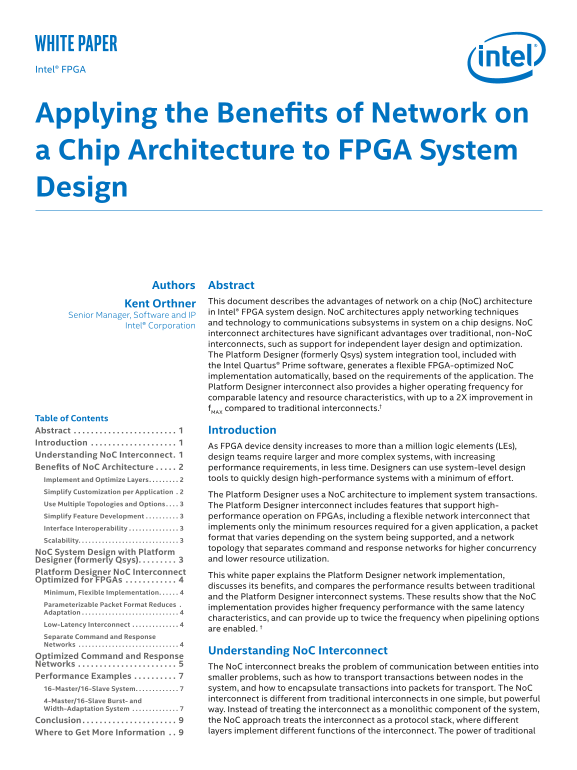 Intel White Paper on Applying the Advantages of Network-on-Chip Architecture to FPGA System Design - Page 1