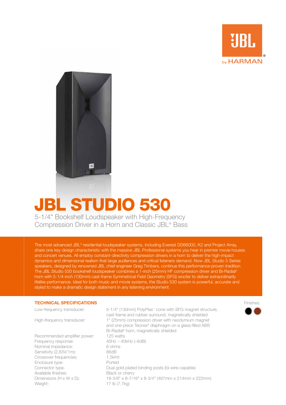 Studio 530 5-1 4-Inch (130mm) Bookshelf Speaker with JBL Classic Bass Driver and Horn-Loaded High-Frequency Compression Driver Product Information Sheet - Page 1