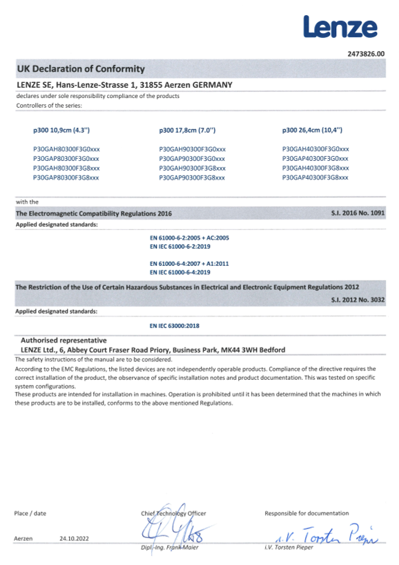 Lenze Controls-Controllers Controller P300 Certifications and Declarations UKCA Controller_P300 (Language EN) - Page 1