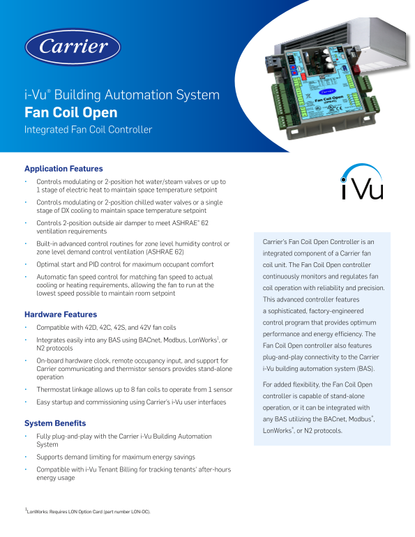 Carrier Airstream™ Belt Drive Fan Coils 42B i-Vu Open Fan Coil Open Product Data Sheet - Page 1
