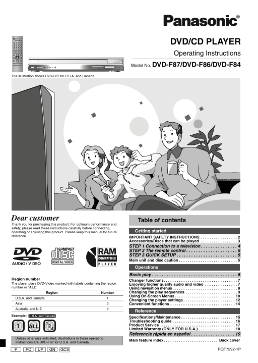 Panasonic DVD-F87, DVD-F86, DVD-F84 User's Manual - Page 1
