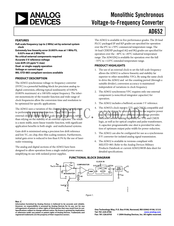 AD652 Analog Devices Data Manual/Specifications Sheet - Page 1