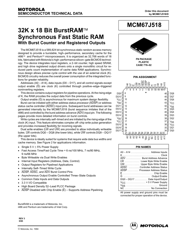 Motorola MCM67J518 Data Sheet/Manual - Page 1
