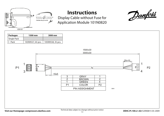 Danfoss Display Cable without Fuse for Application Module 101N0820 Installation Guide - Page 1